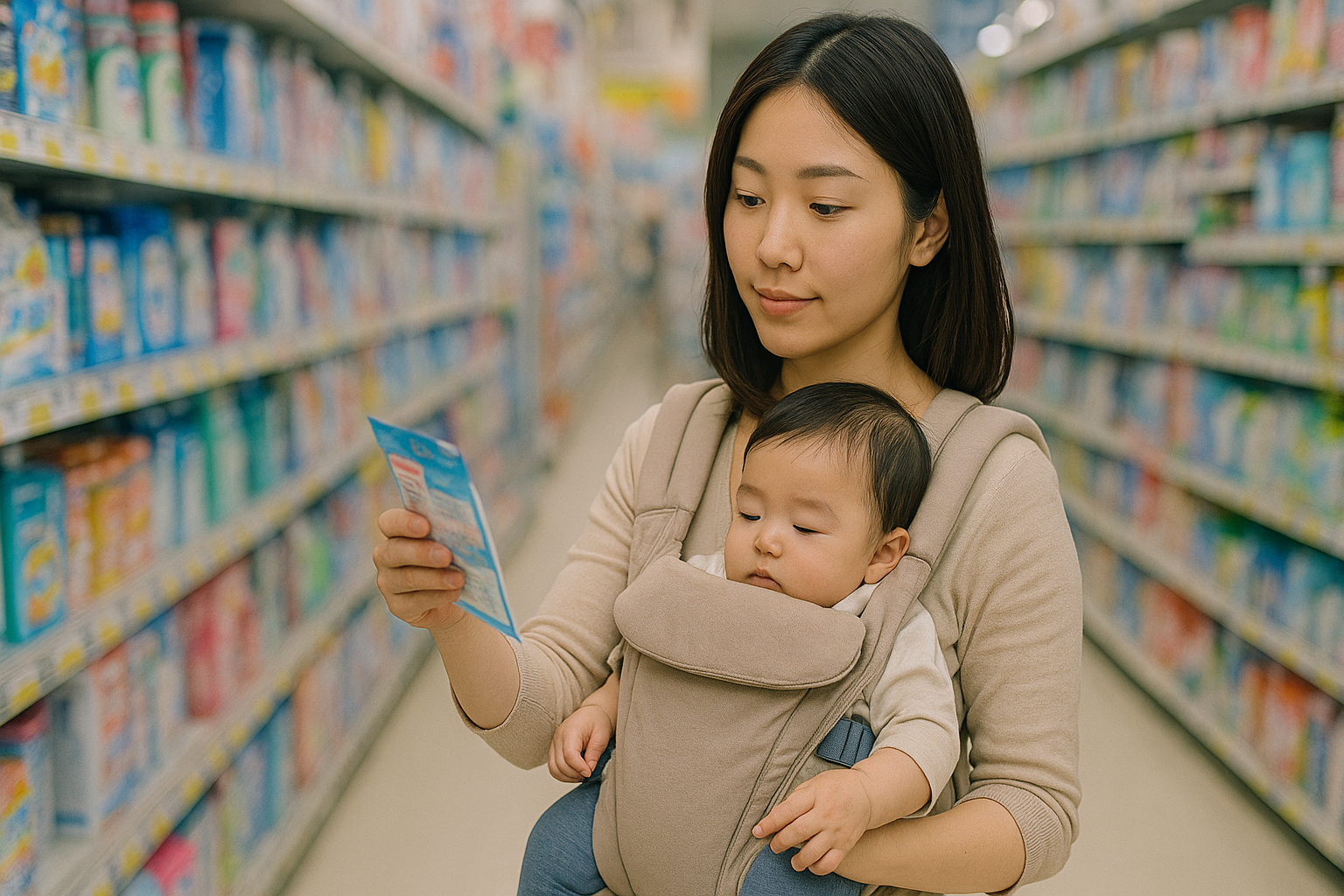 ドラッグストアの棚を探す女性