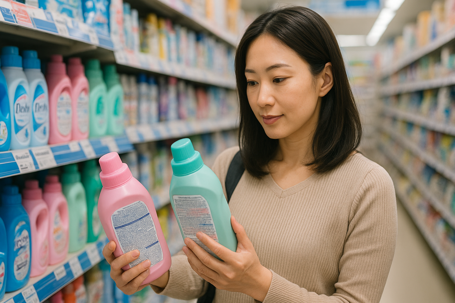 洗剤の成分表を比較する様子