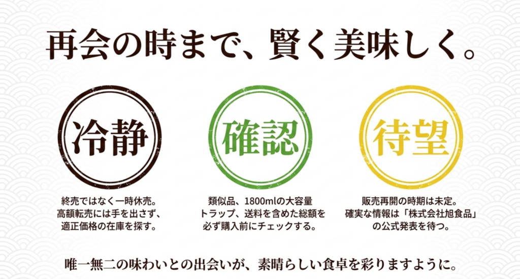 旭ポン酢は終売ではなく一時休売であり、類似品や大容量、高額転売に注意して公式情報を待つことをまとめたスライド