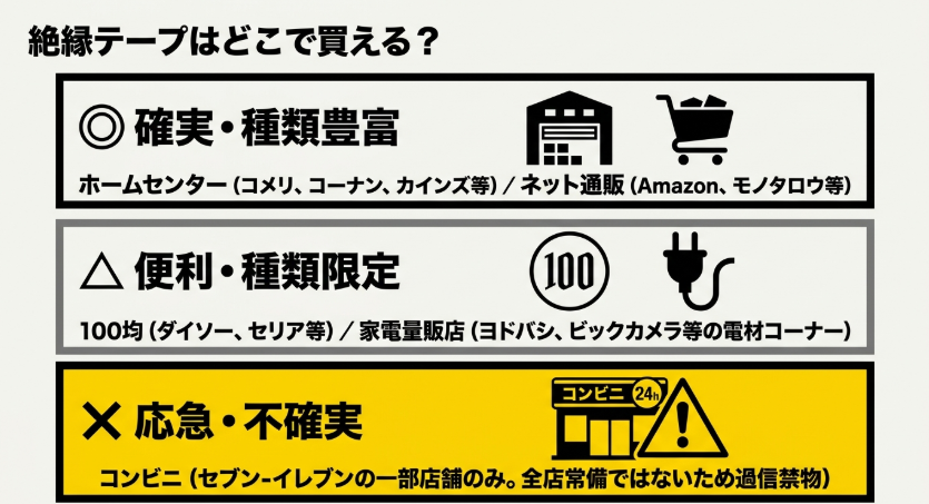 ホームセンターやネット通販、100均、家電量販店、コンビニでの絶縁テープ購入先を整理した図