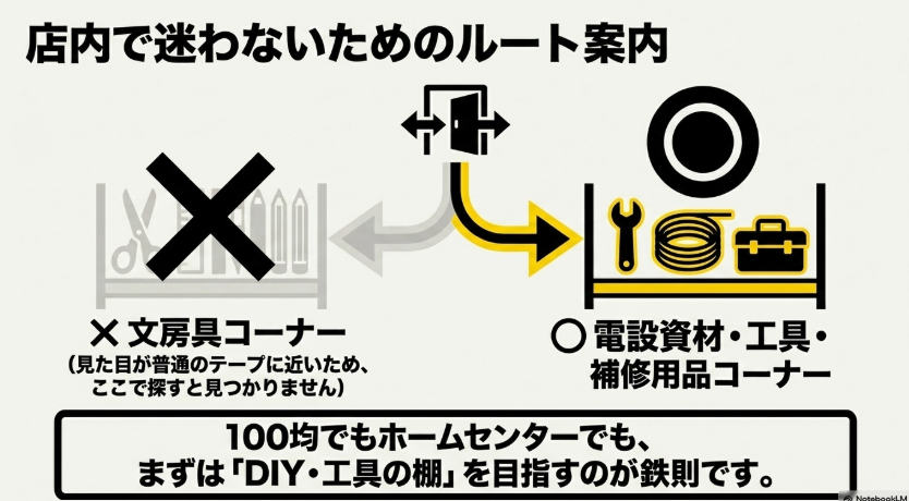 絶縁テープを文房具コーナーではなく電設資材・工具・補修用品コーナーで探す流れを示した案内図