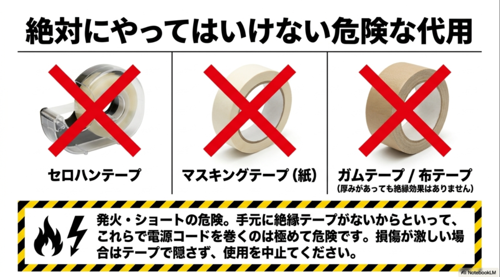 セロハンテープ、マスキングテープ、ガムテープや布テープで電源コードを代用補修してはいけないことを示す注意図