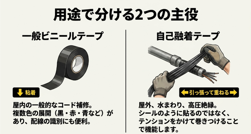 一般ビニールテープと自己融着テープの違いと使い分けを比較した図