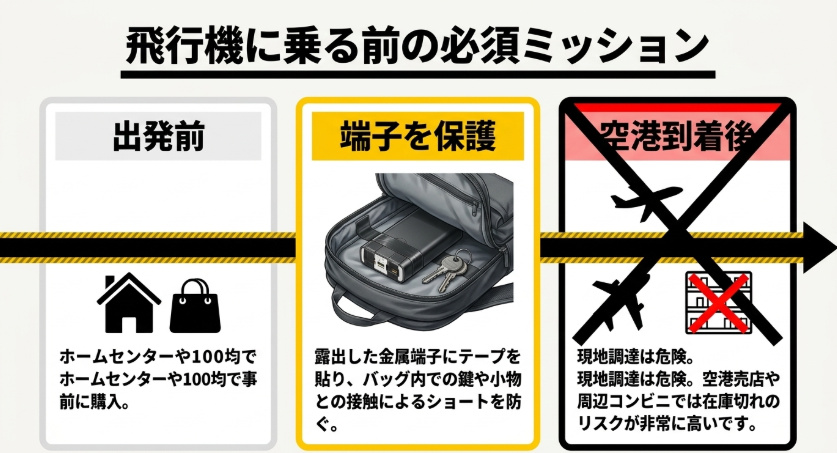 飛行機に乗る前にモバイルバッテリー端子を絶縁テープで保護する流れを示した図