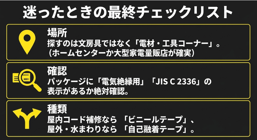 絶縁テープを探す場所、電気絶縁用とJIS C 2336の確認、用途別の種類をまとめた最終チェックリスト