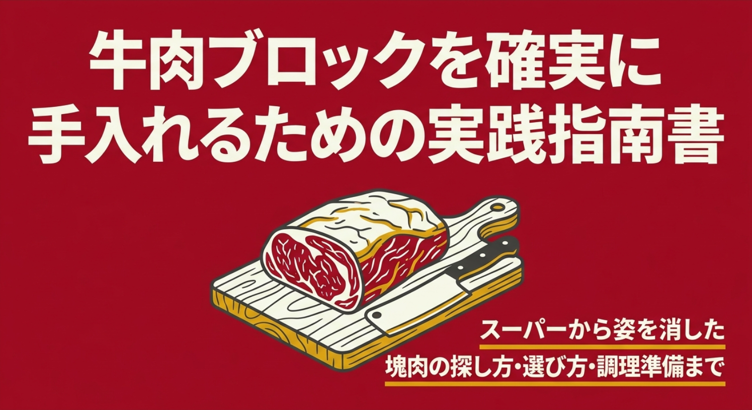 牛肉ブロックを確実に手に入れるための探し方や選び方、調理準備をまとめたスライド