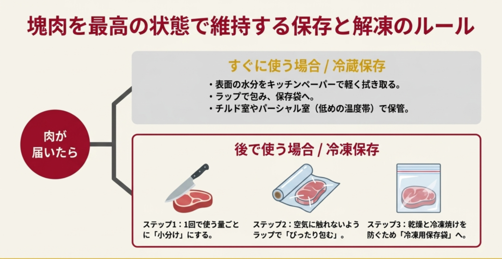 牛肉ブロックを冷蔵保存・冷凍保存する方法と解凍時の注意点をまとめたスライド