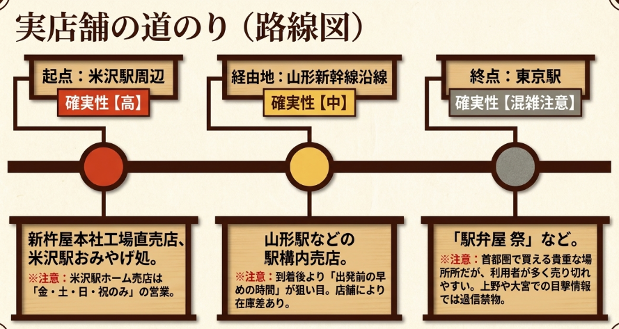 米沢駅周辺、山形新幹線沿線、東京駅で牛肉どまん中を探す流れ