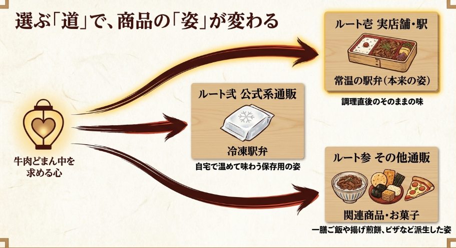 牛肉どまん中は実店舗の駅弁、冷凍駅弁、関連商品の3つに分かれる