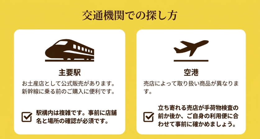 主要駅と空港で鳩サブレーを探す際に店舗名や場所を事前確認する必要があることを示すスライド