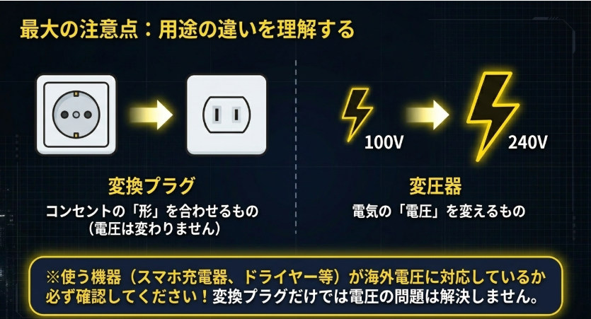変換プラグはコンセントの形を合わせるもの、変圧器は電圧を変えるものと説明した比較スライド