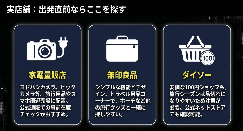 変換プラグを実店舗で探す場合の候補として家電量販店、無印良品、ダイソーを整理したスライド