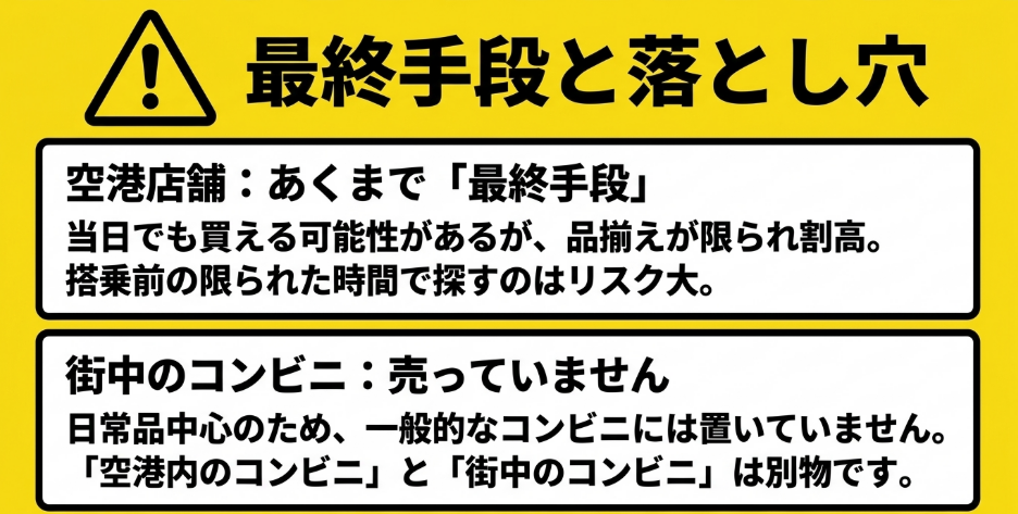 空港店舗は最終手段であり、街中の一般的なコンビニでは香港用変換プラグを見つけにくいことを説明した注意スライド