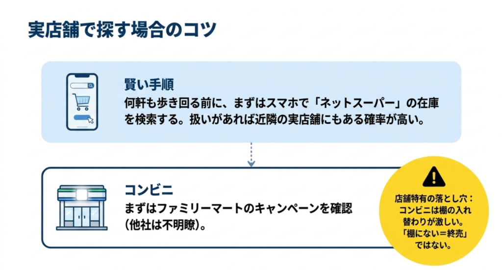 実店舗で探す前にネットスーパーの在庫を確認し、コンビニではファミリーマートのキャンペーンを確認する流れ