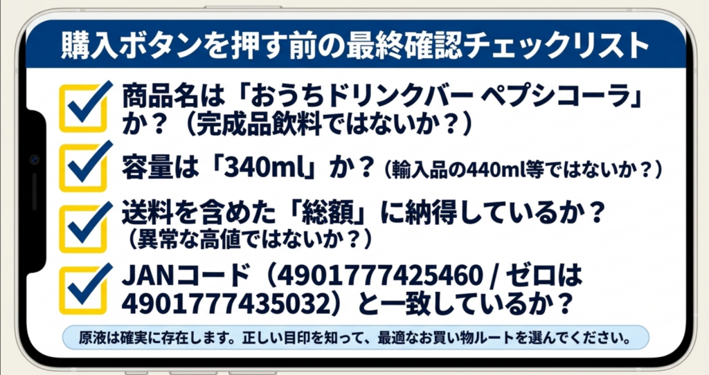 商品名、容量340ml、送料込み総額、JANコードを購入前に確認するチェックリスト