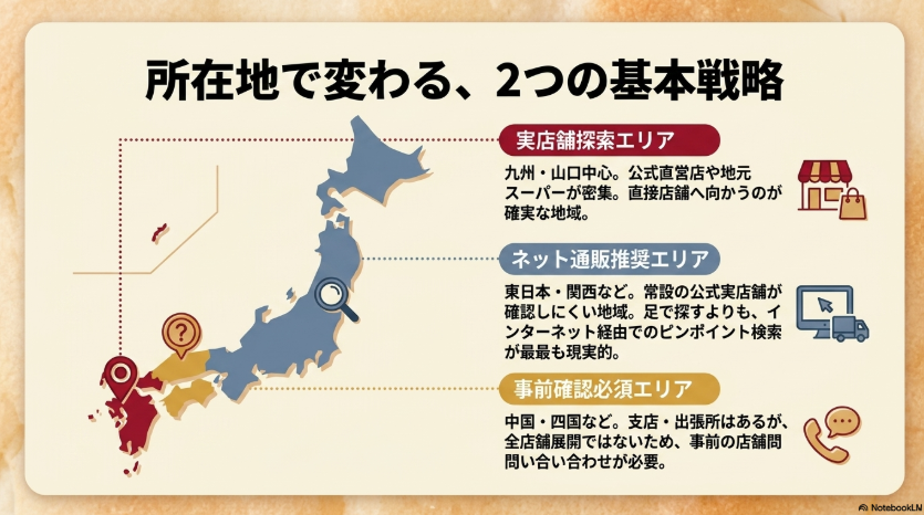 九州と山口は直営店やスーパー、中国と四国や関西は商品ごと、関東は通販を中心に探す方法を示した画像