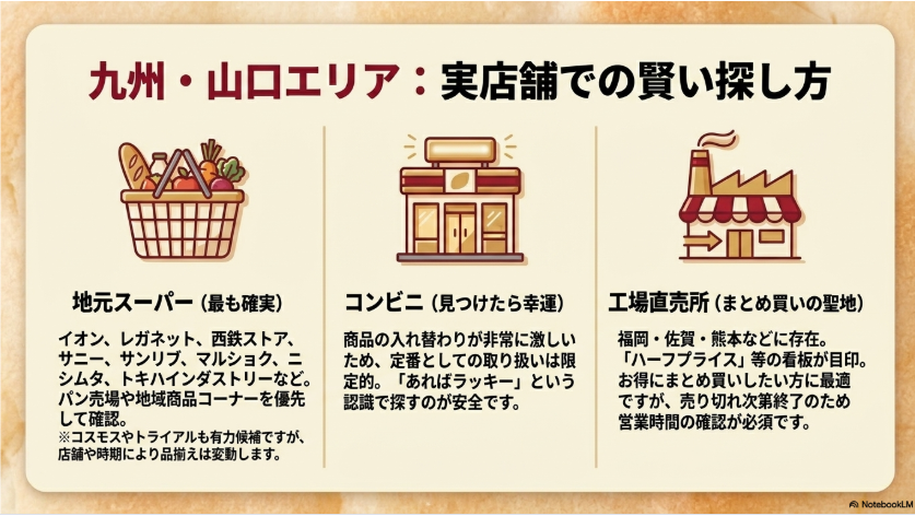 九州と山口では公式直営店や地元スーパー、工場直売店を候補に探す方法を示した画像