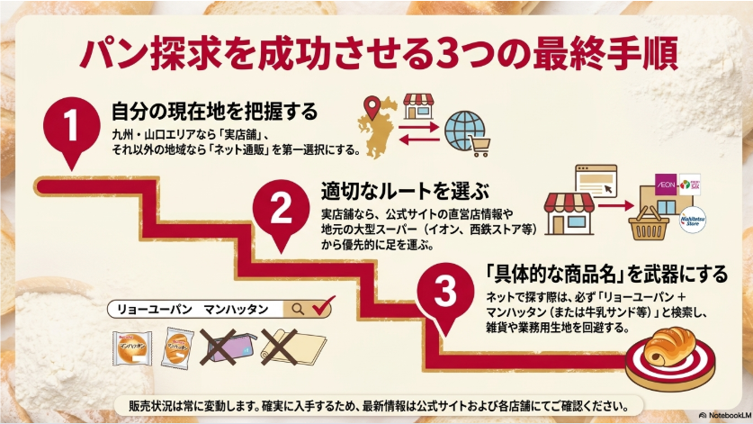 リョーユーパンを地域と商品名に合わせて実店舗や通販から探す手順をまとめた画像