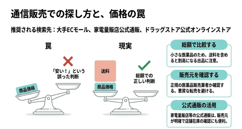 龍角散ダイレクトを通販で探す際は、商品価格だけでなく送料込みの総額や販売元を確認する必要があることを示したスライド