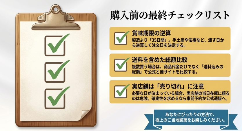 シェルレーヌを買う前に賞味期限、送料込み総額、実店舗の売り切れリスクを確認するためのチェックリストスライド