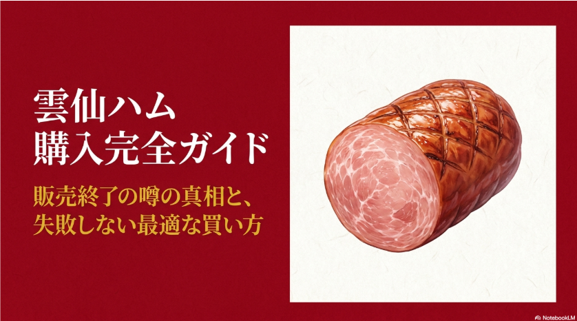 雲仙ハム購入完全ガイドの表紙。販売終了の噂の真相と失敗しない買い方を示したスライド