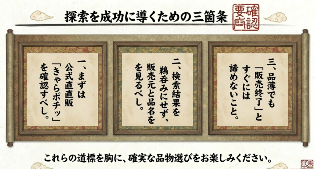 公式直販の確認、検索結果の確認、品薄でも販売終了と決めつけないことをまとめたスライド