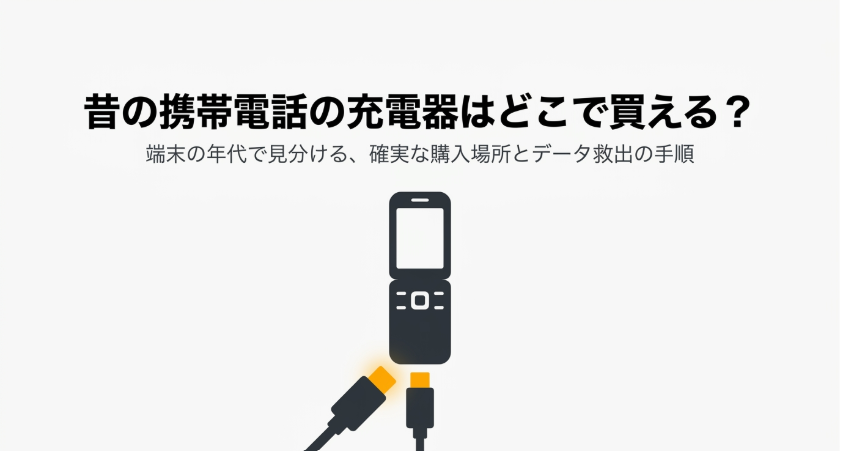 昔の携帯電話の充電器は端末の年代で見分けて購入場所を判断することを示した表紙スライド
