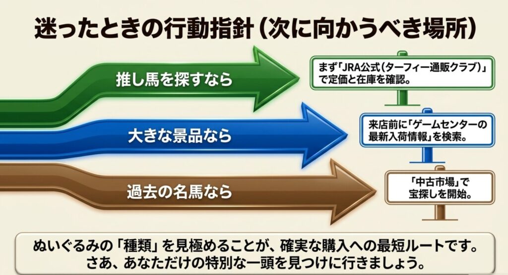 推し馬ならJRA公式通販、大きな景品ならゲームセンター、過去の名馬なら中古市場を確認する行動指針