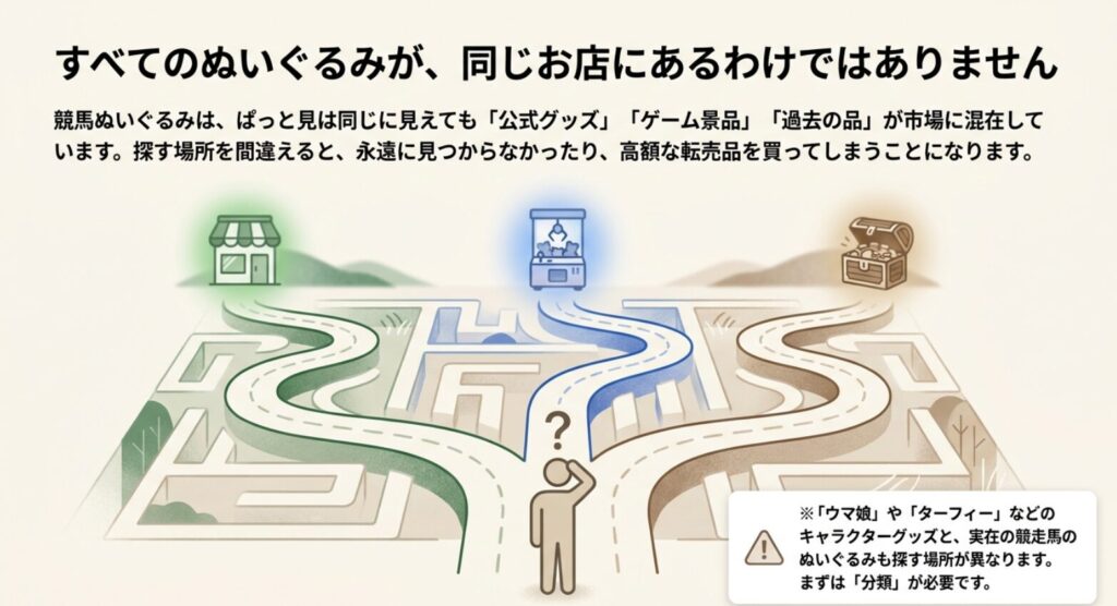 競馬ぬいぐるみは公式グッズ、ゲーム景品、中古品で探す場所が異なることを示す図