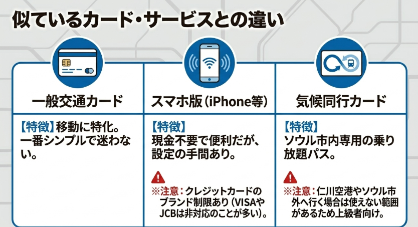 一般交通カード、スマホ版、気候同行カードの特徴と注意点を比較した図