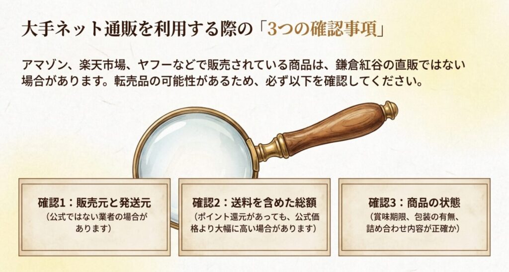 Amazonや楽天市場やYahoo!ショッピングでクルミッ子を買う前に確認したい販売元、送料、商品状態のスライド