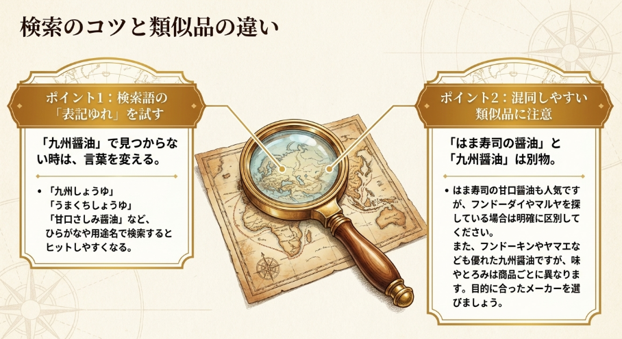 九州醤油が見つからない時の検索語の変え方と、はま寿司の醤油など類似品との違い