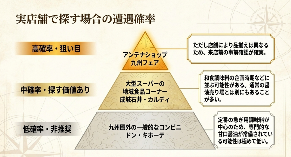 九州醤油を実店舗で探す場合のアンテナショップ、大型スーパー、コンビニやドンキの優先度