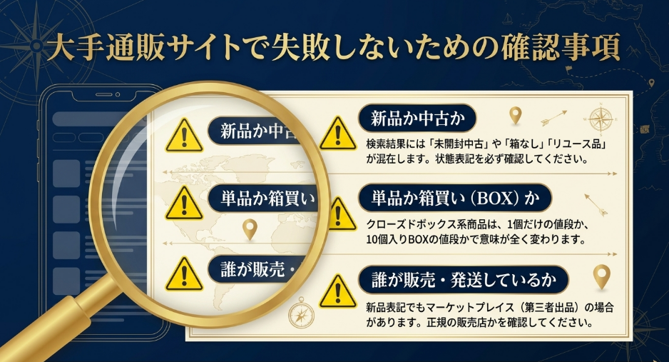 新品か中古か、単品かBOXか、販売元や発送元を確認する注意点をまとめたスライド