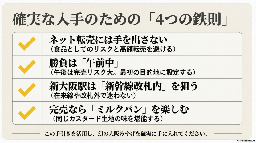 おかんパンを買うためにネット転売を避ける、午前中を狙う、新大阪駅は新幹線改札内を狙う、完売時はミルクパンを楽しむという4つの鉄則