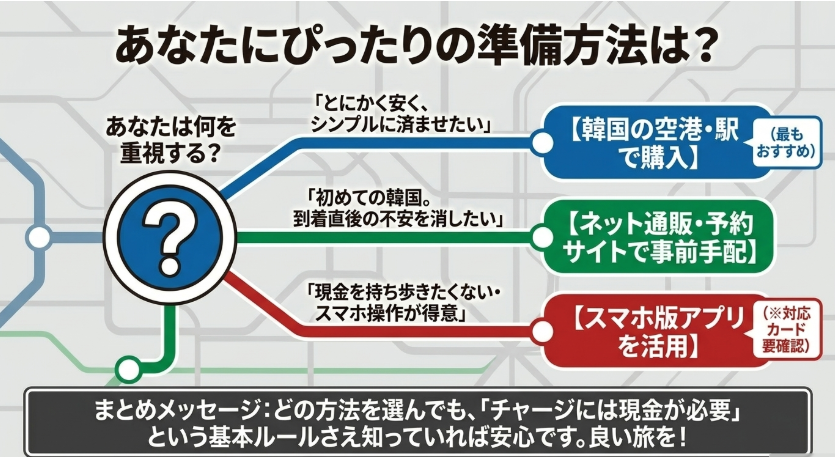 安さ重視、安心重視、スマホ活用など目的別にT-moneyカードの準備方法を選ぶ図