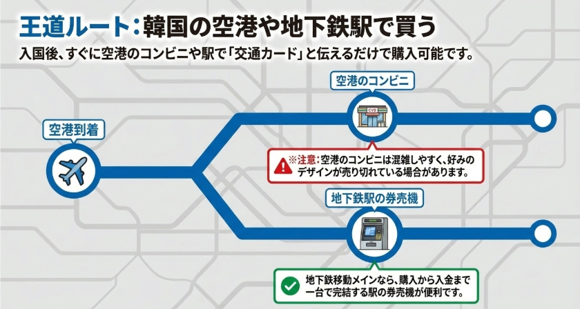 韓国到着後に空港コンビニや地下鉄駅の券売機でT-moneyカードを買う流れ