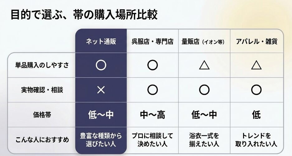 ネット通販、呉服店、量販店、アパレル店の浴衣帯購入メリットを比較した表