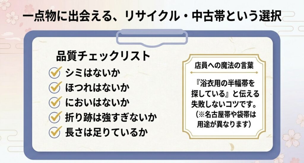 中古の浴衣帯を買う際にシミ、ほつれ、におい、折り跡、長さを確認するチェックリスト