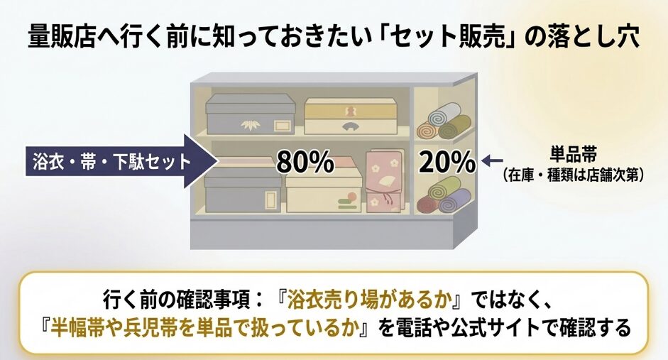 量販店では浴衣セットが中心で、帯単品の在庫や種類は店舗によって異なることを示す図