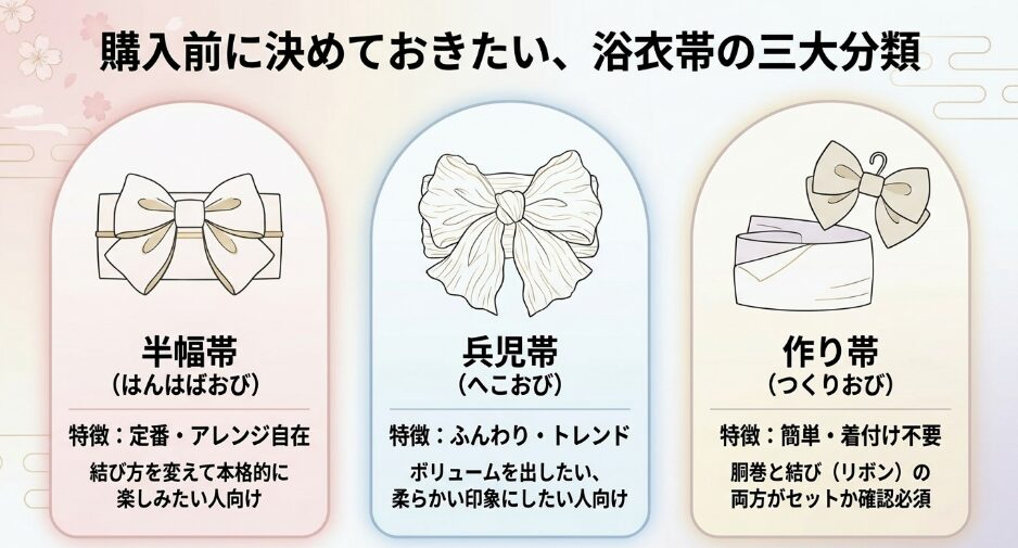 半幅帯、兵児帯、作り帯の特徴と向いている人を比較した図