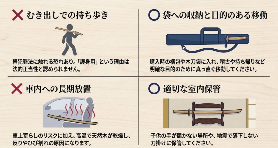 木刀のむき出しでの携帯や車内放置を避け、袋への収納と室内保管を促す図