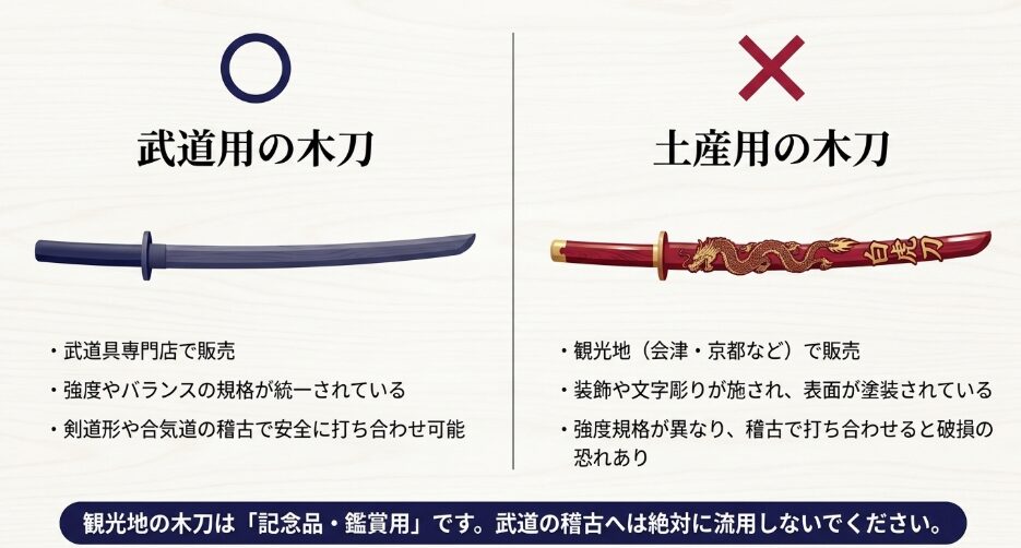 武道具専門店の稽古用木刀と観光地の土産用木刀の用途や仕様の違い