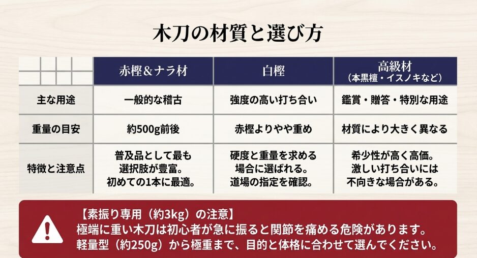 赤樫、ナラ材、白樫、本黒檀やイスノキなどの用途と重量、注意点の比較