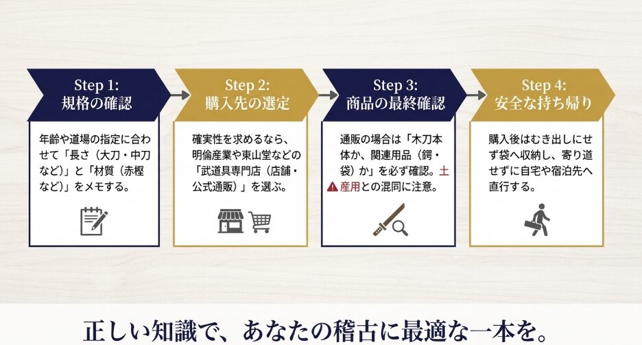 規格確認、購入先選び、商品内容の確認、安全な持ち帰りを示した木刀購入の4ステップ