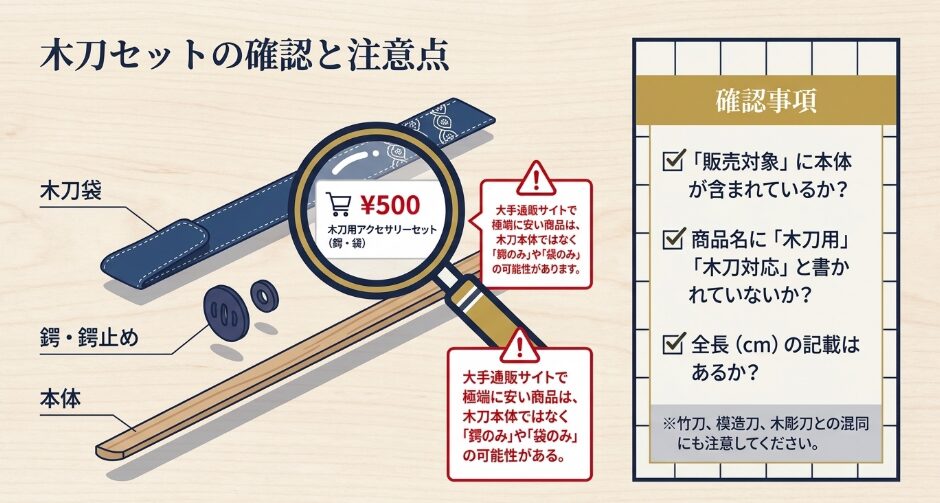 木刀本体、鍔、鍔止め、木刀袋を見分けるための商品ページ確認事項
