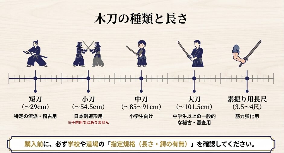 短刀、小刀、中刀、大刀、素振り用長尺木刀の長さと主な用途の比較