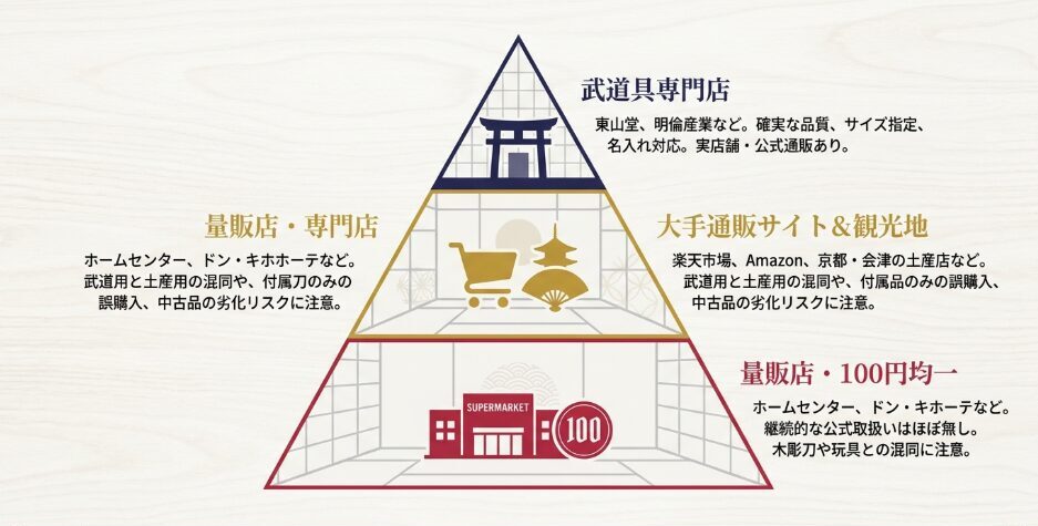 武道具専門店、通販サイト、観光地、量販店を木刀の探しやすさで比較した図