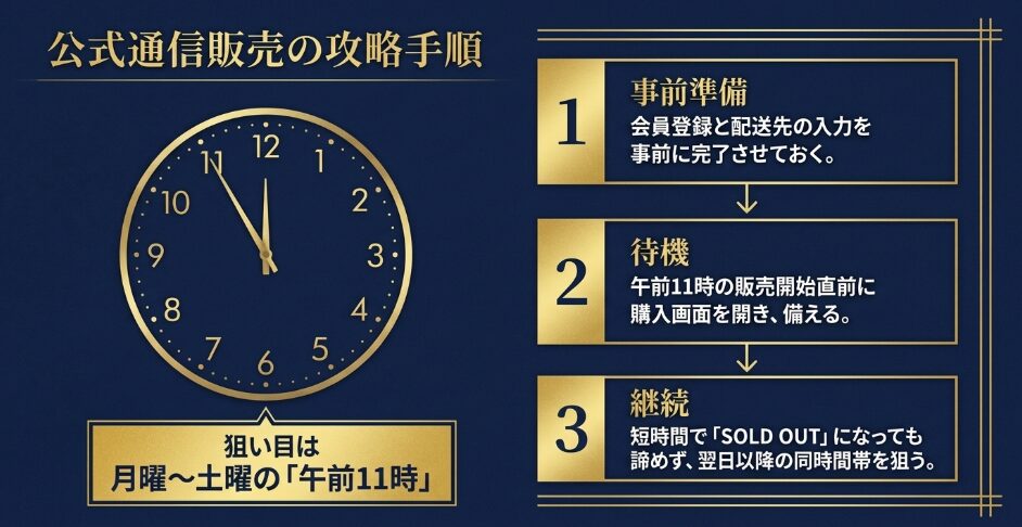 公式通販で午前11時頃の販売開始を狙うための会員登録、待機、再挑戦の手順