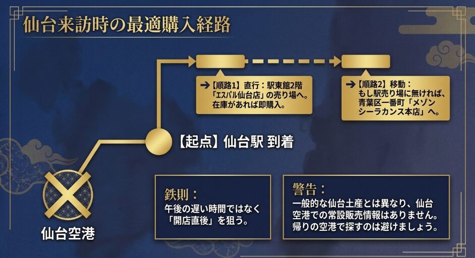仙台駅からエスパル仙台店を確認し、売り切れ時はメゾンシーラカンス本店へ向かう購入ルート